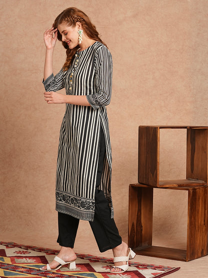 Stripes Printed & Coined Straight Fit Kurta with Solid Pant - Black