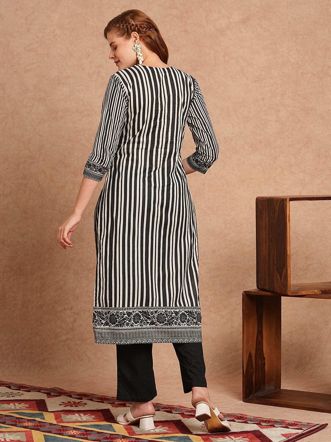 Stripes Printed & Coined Straight Fit Kurta with Solid Pant - Black