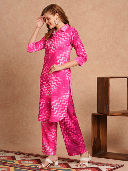 Abstract Chevron Printed Straight Fit Co-ord Set - Pink