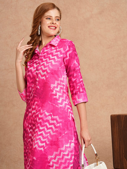 Abstract Chevron Printed Straight Fit Co-ord Set - Pink