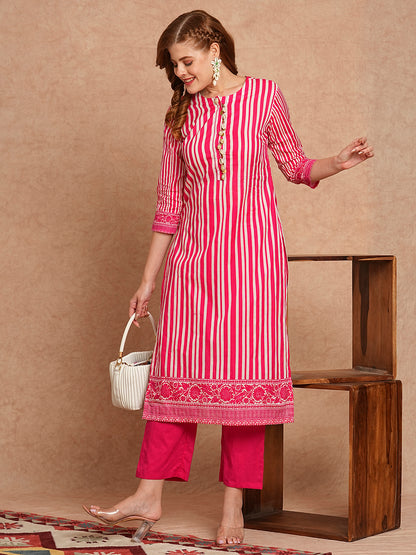 Stripes Printed & Coined Straight Fit Kurta with Solid Pant - Pink