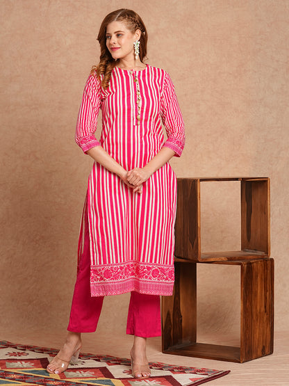 Stripes Printed & Coined Straight Fit Kurta with Solid Pant - Pink