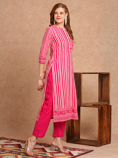 Stripes Printed & Coined Straight Fit Kurta with Solid Pant - Pink