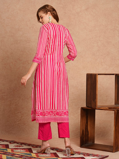 Stripes Printed & Coined Straight Fit Kurta with Solid Pant - Pink