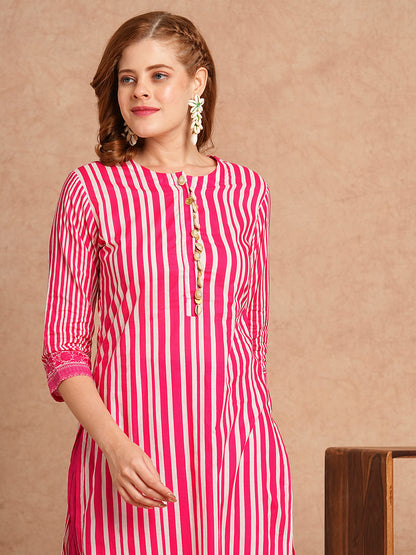 Stripes Printed & Coined Straight Fit Kurta with Solid Pant - Pink