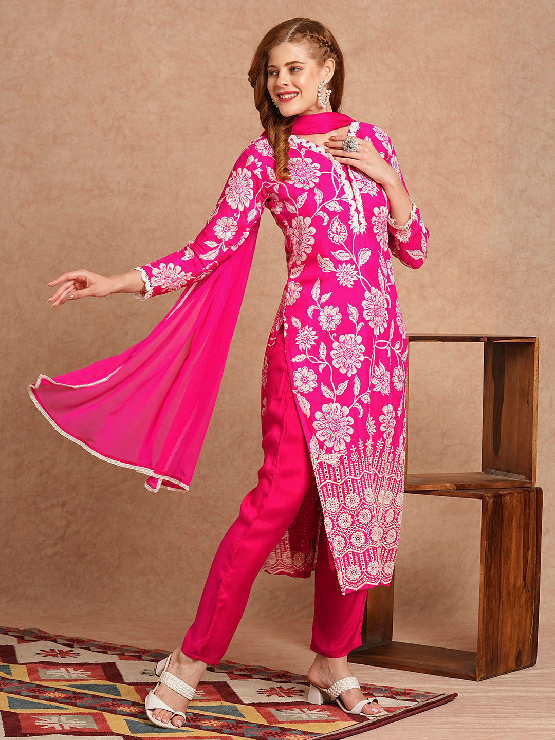 Floral Printed Schiffli Embroidered Straight Fit Kurta with Pant & Dupatta - Fuchsia