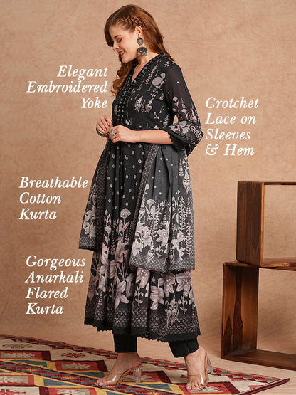 Floral Printed & Embroidered Anarkali Kurta with Pant & Pure Cotton Dupatta - Black