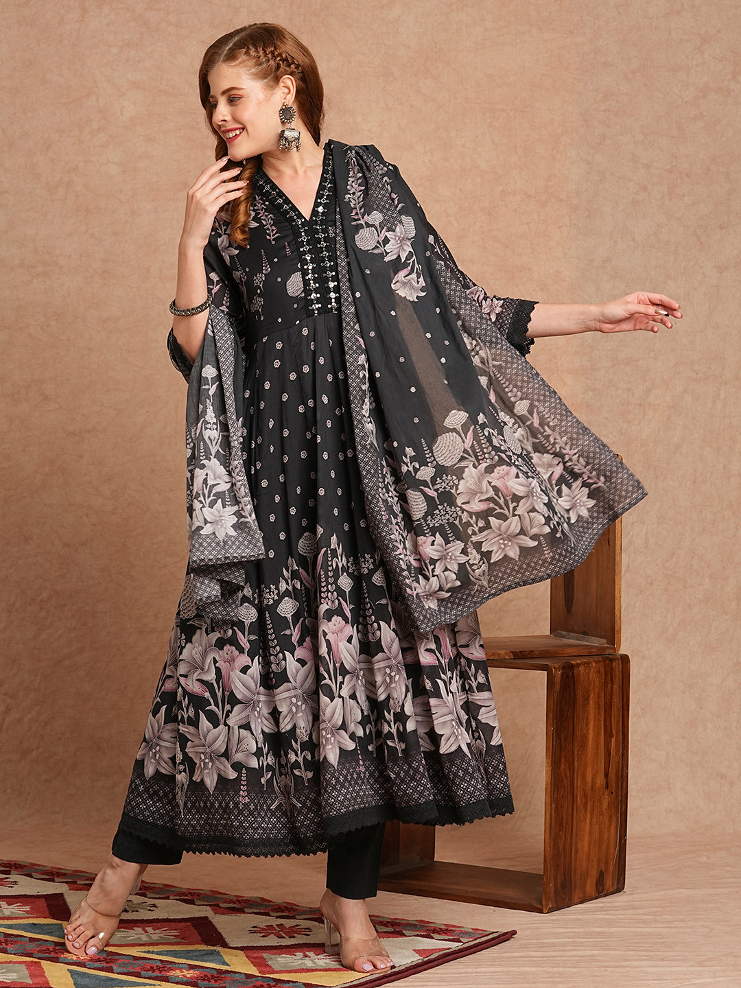 Floral Printed & Embroidered Anarkali Kurta with Pant & Pure Cotton Dupatta - Black