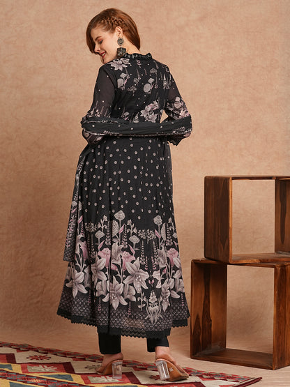 Floral Printed & Embroidered Anarkali Kurta with Pant & Pure Cotton Dupatta - Black