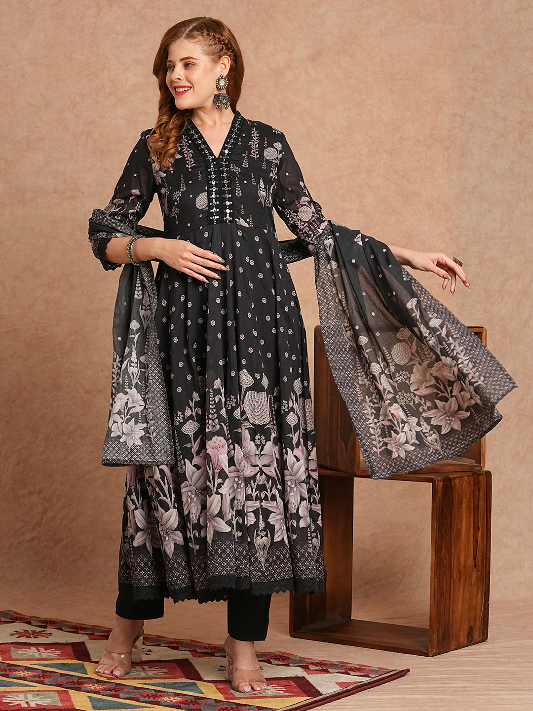 Floral Printed & Embroidered Anarkali Kurta with Pant & Pure Cotton Dupatta - Black