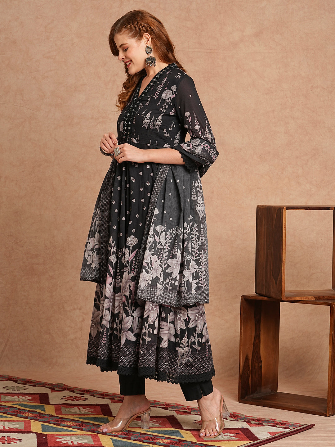 Floral Printed & Embroidered Anarkali Kurta with Pant & Pure Cotton Dupatta - Black