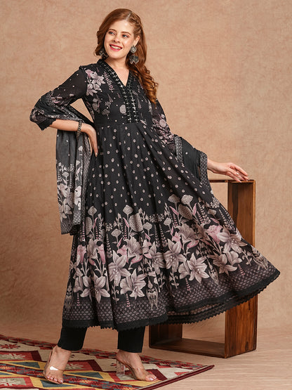 Floral Printed & Embroidered Anarkali Kurta with Pant & Pure Cotton Dupatta - Black