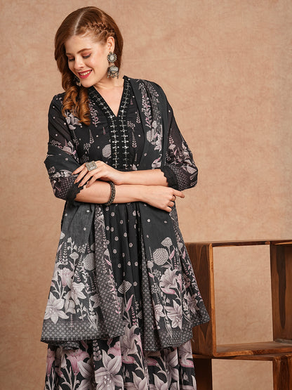 Floral Printed & Embroidered Anarkali Kurta with Pant & Pure Cotton Dupatta - Black