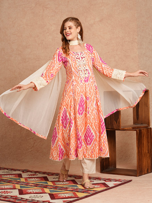 Ethnic Ikat Printed & Embroidered Anarkali Kurta with Pant and Dupatta - Peach