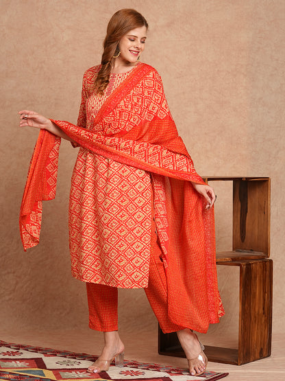 Ethnic Printed & Embroidered Straight Kurta with Pant & Dupatta - Coral