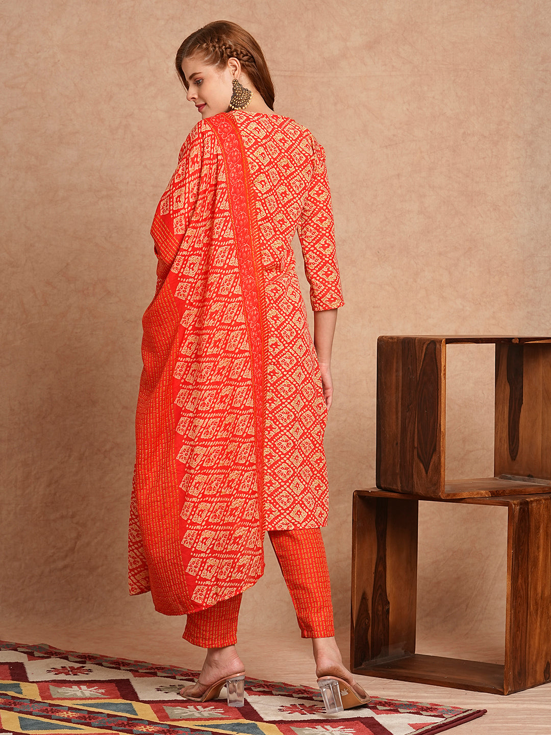 Ethnic Printed & Embroidered Straight Kurta with Pant & Dupatta - Coral