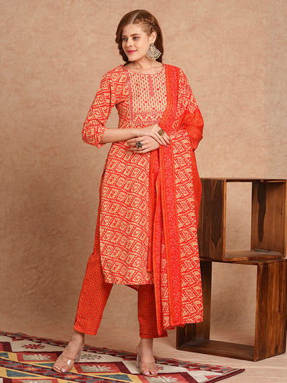 Ethnic Printed & Embroidered Straight Kurta with Pant & Dupatta - Coral