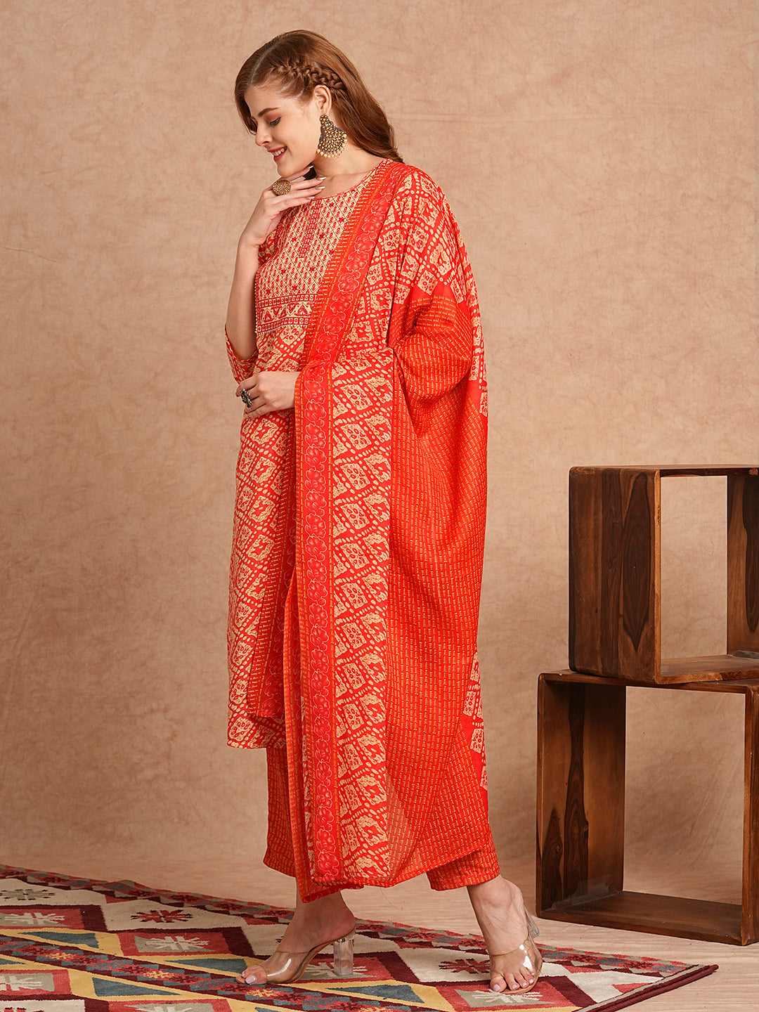 Ethnic Printed & Embroidered Straight Kurta with Pant & Dupatta - Coral