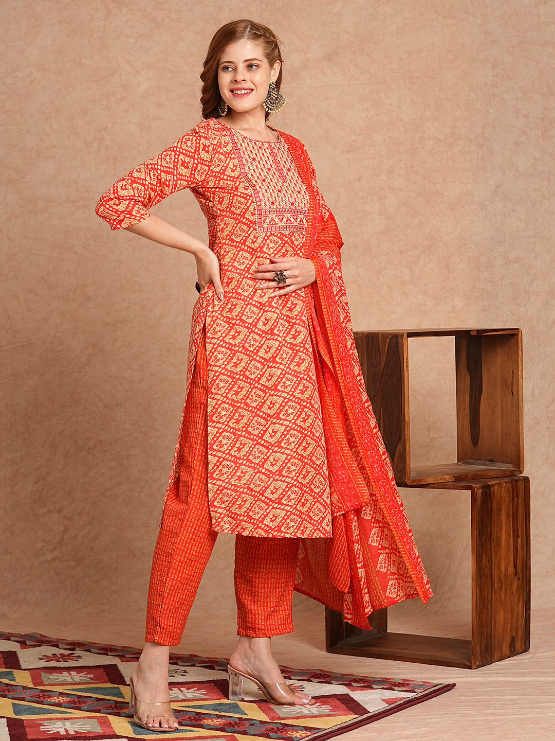 Ethnic Printed & Embroidered Straight Kurta with Pant & Dupatta - Coral