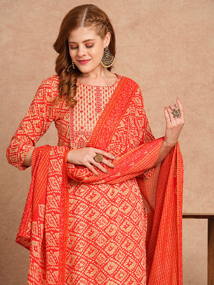 Ethnic Printed & Embroidered Straight Kurta with Pant & Dupatta - Coral