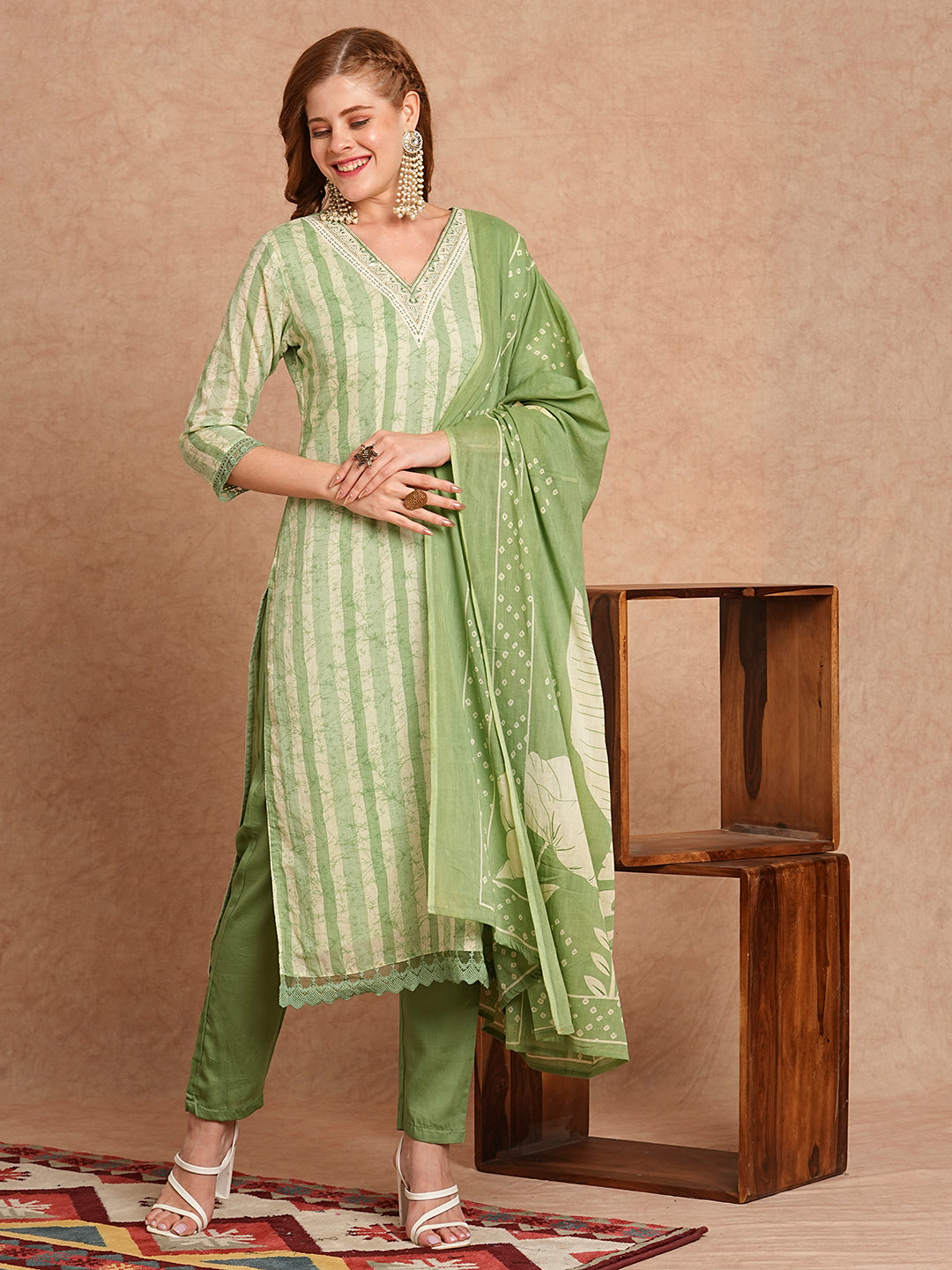 Stripes Printed & Embroidered Kurta with Pant & Pure Cotton Dupatta - Green