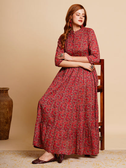 Ethnic Floral Printed & Embroidered A-Line Pleated Tiered Maxi Dress - Burgundy