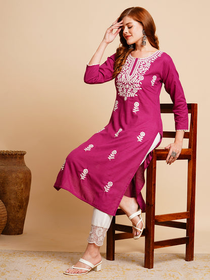 Solid Chikankari Embroidered Straight Fit Kurta - Purple