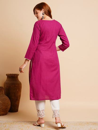 Solid Chikankari Embroidered Straight Fit Kurta - Purple