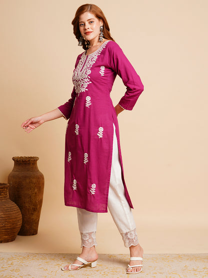 Solid Chikankari Embroidered Straight Fit Kurta - Purple