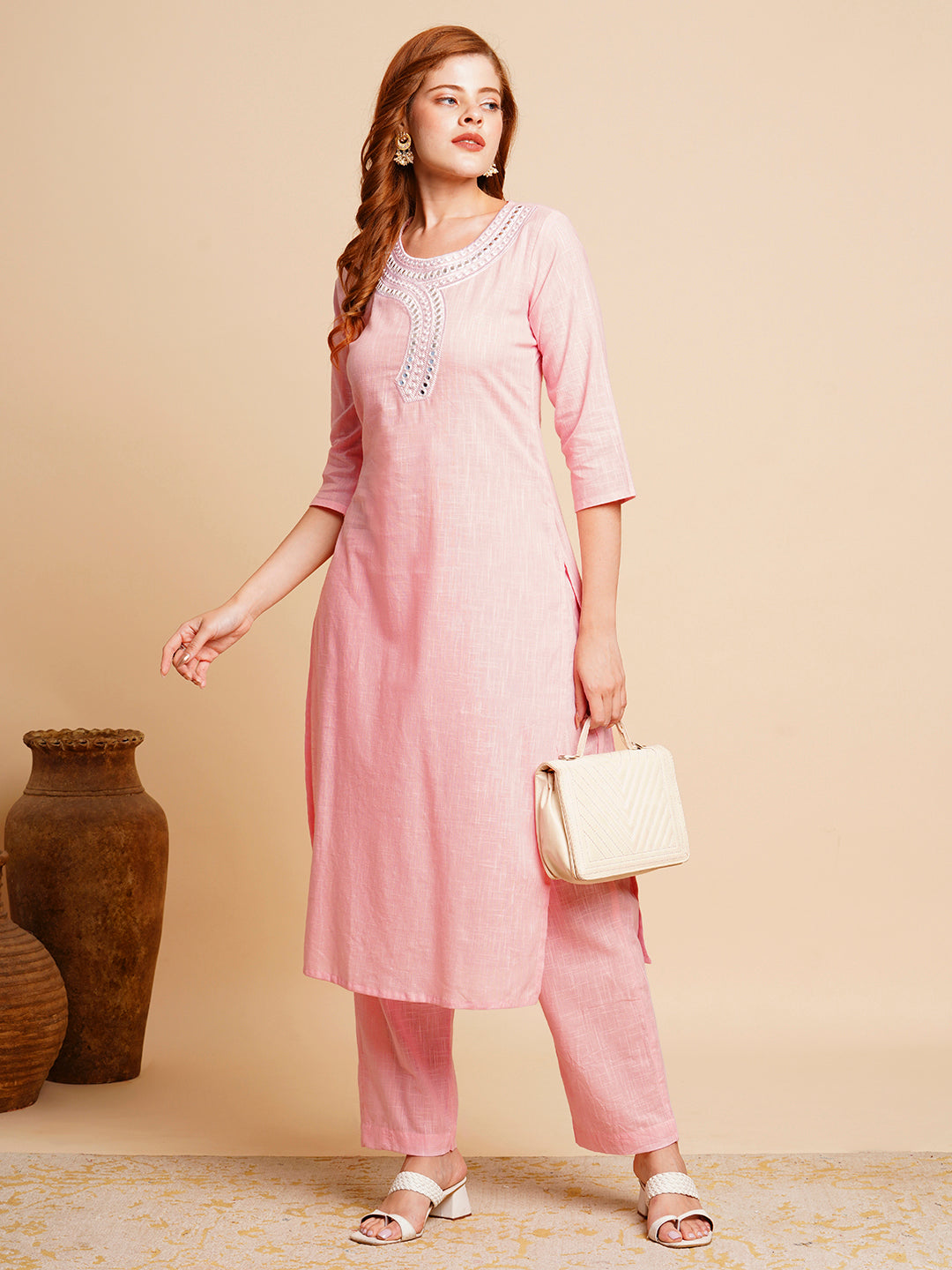 Ethnic Mirror Embroidered Straight Fit Co-ord Set - Pink