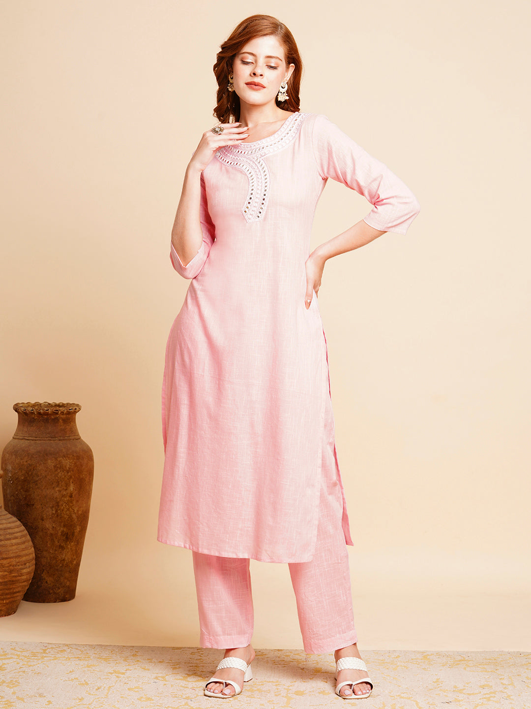 Ethnic Mirror Embroidered Straight Fit Co-ord Set - Pink