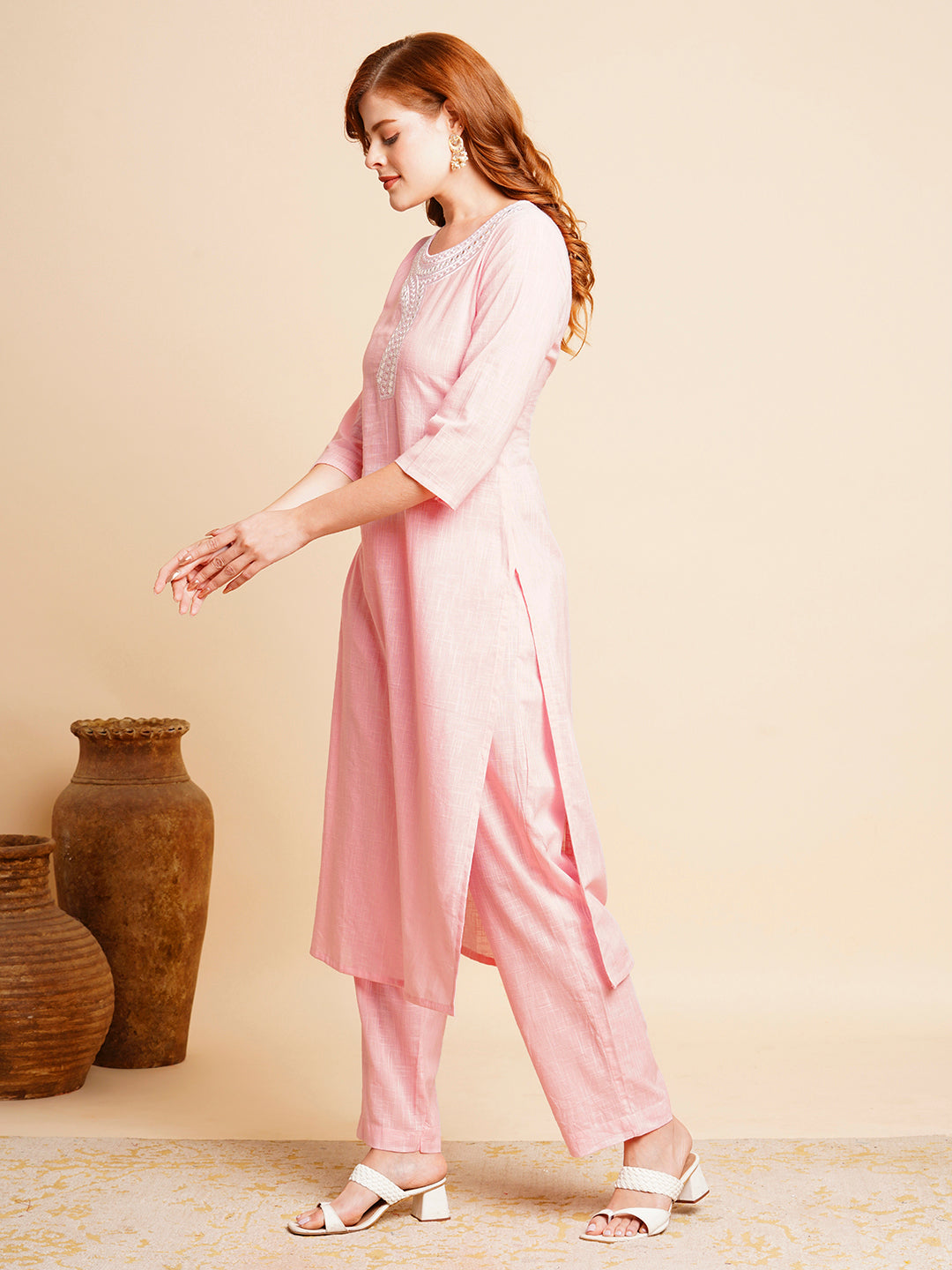 Ethnic Mirror Embroidered Straight Fit Co-ord Set - Pink