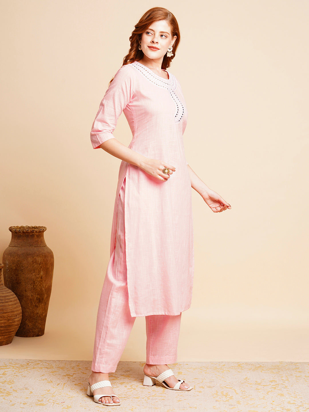 Ethnic Mirror Embroidered Straight Fit Co-ord Set - Pink