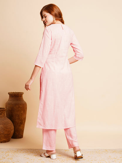 Ethnic Mirror Embroidered Straight Fit Co-ord Set - Pink