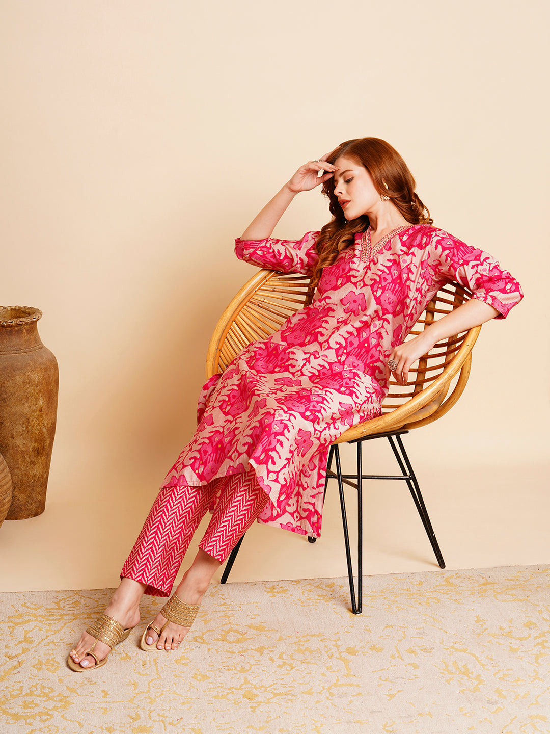 Ethnic Ikat Printed & Embroidered Straight Fit Kurta with Pant - Pink