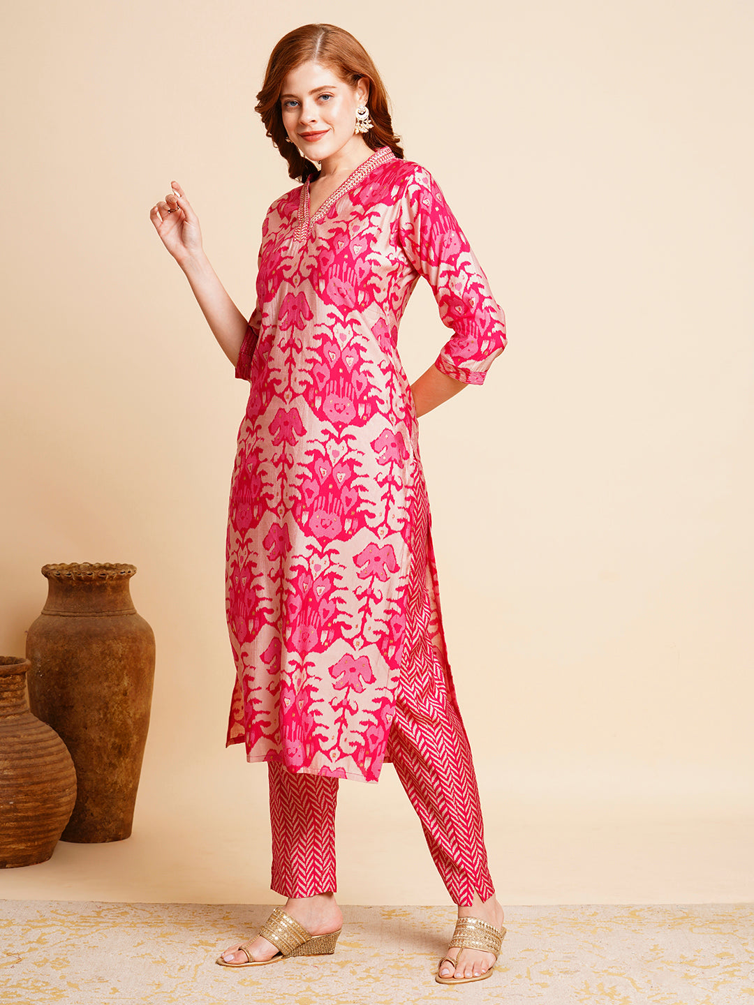 Ethnic Ikat Printed & Embroidered Straight Fit Kurta with Pant - Pink