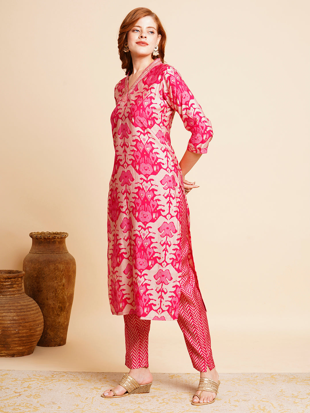 Ethnic Ikat Printed & Embroidered Straight Fit Kurta with Pant - Pink