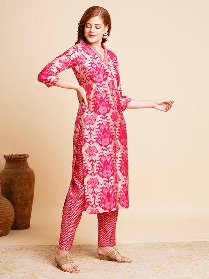 Ethnic Ikat Printed & Embroidered Straight Fit Kurta with Pant - Pink