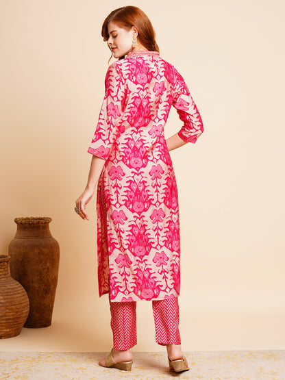 Ethnic Ikat Printed & Embroidered Straight Fit Kurta with Pant - Pink