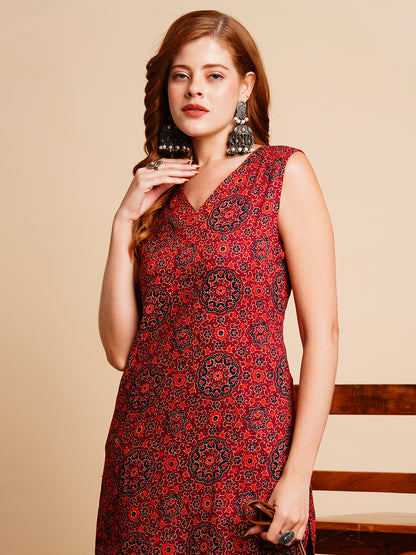 Ethnic Ajarakh Printed & Kantha Embroidered Straight Fit Kurta with Palazzo - Maroon