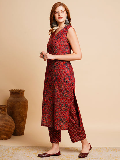 Ethnic Ajarakh Printed & Kantha Embroidered Straight Fit Kurta with Palazzo - Maroon