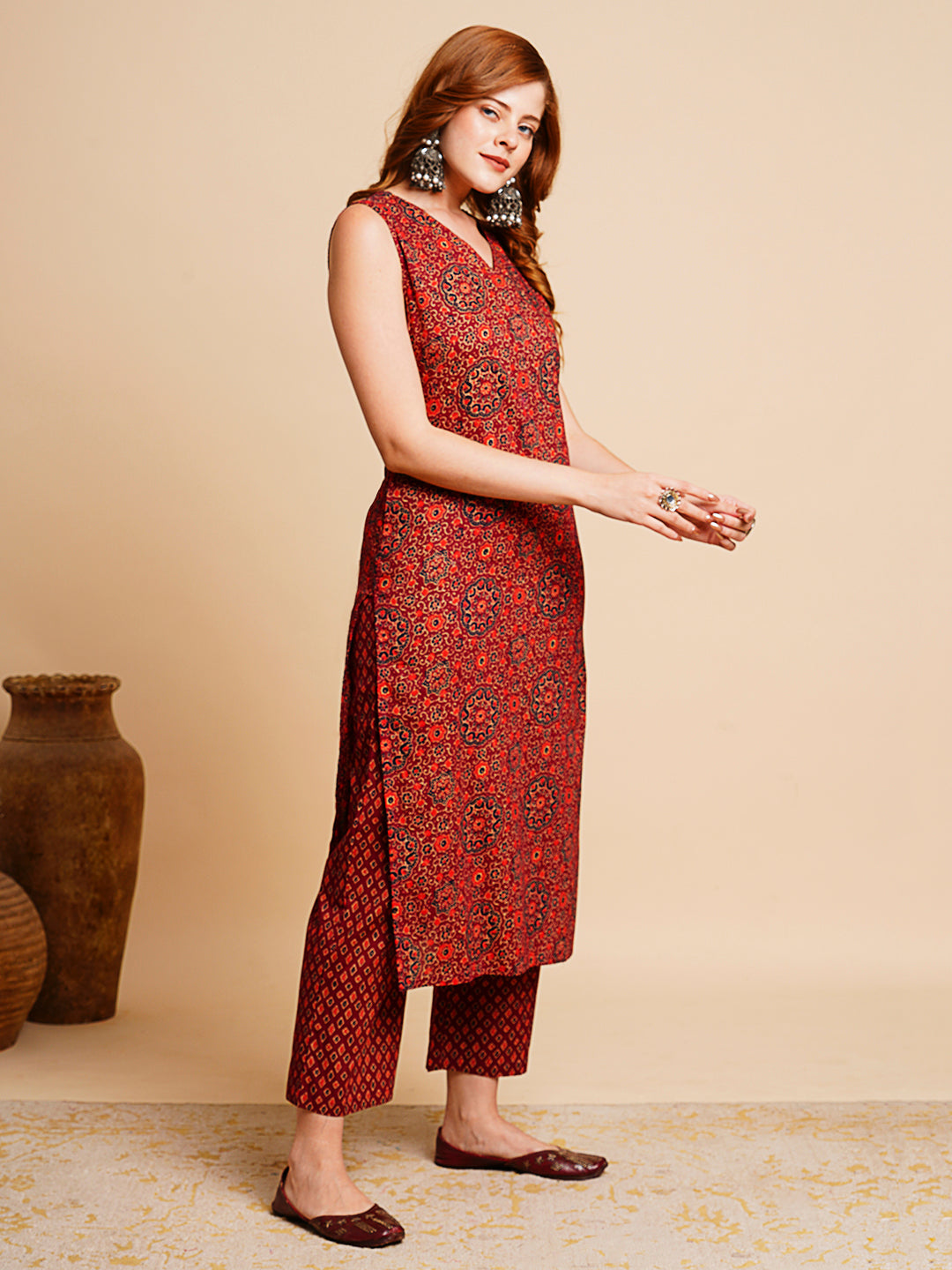 Ethnic Ajarakh Printed & Kantha Embroidered Straight Fit Kurta with Palazzo - Maroon