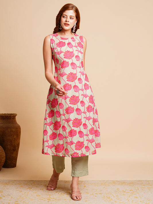 Lotus Floral Foil Printed A-Line Kurta with Pant - Mint Green