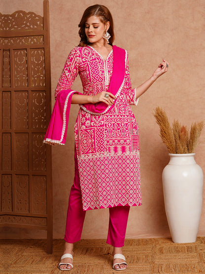 Ethnic Floral Printed Straight Kurta with Pant & Pure Cotton Dupatta - Pink