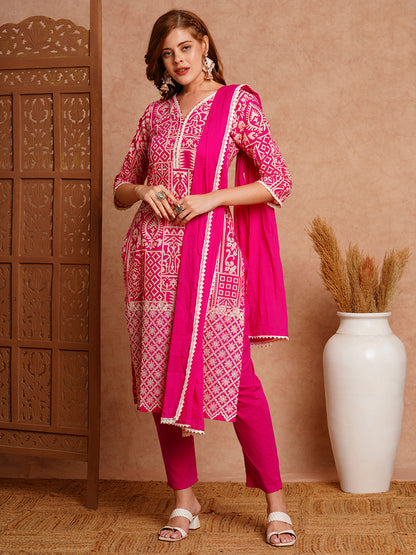 Ethnic Floral Printed Straight Kurta with Pant & Pure Cotton Dupatta - Pink