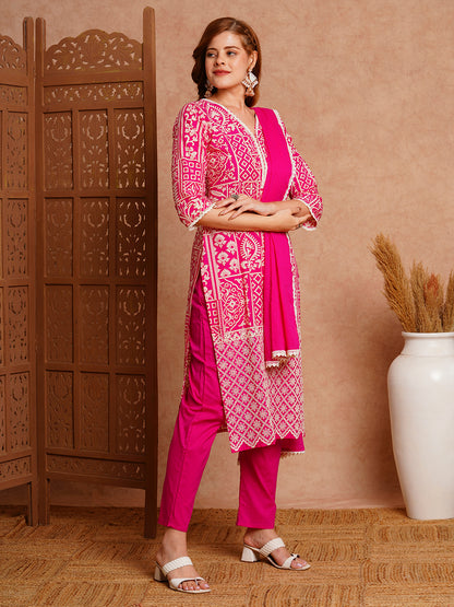 Ethnic Floral Printed Straight Kurta with Pant & Pure Cotton Dupatta - Pink