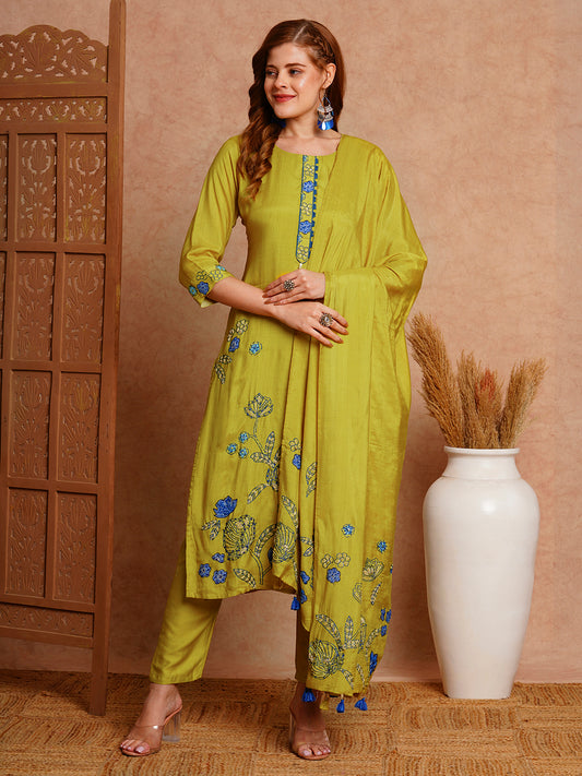 Floral Printed & Hand Embroidered Kurta with Pant & Dupatta - Lime Green