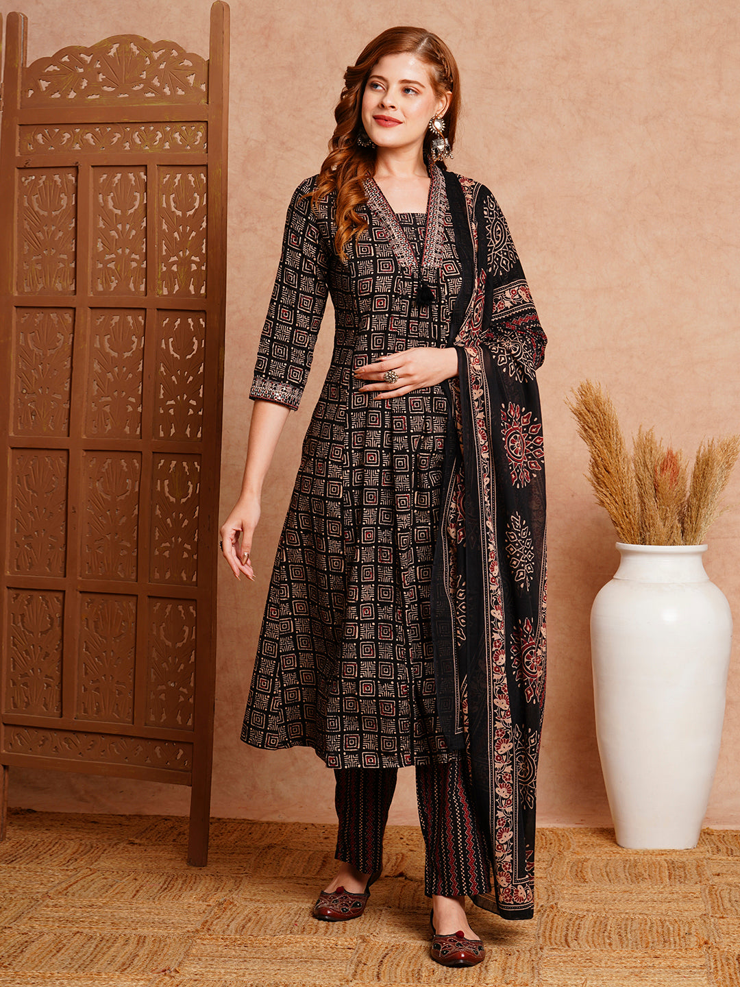 Ethnic Printed & Embroidered A-Line Kurta with Pant & Dupatta - Black