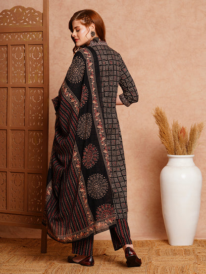 Ethnic Printed & Embroidered A-Line Kurta with Pant & Dupatta - Black