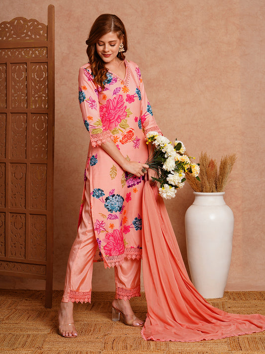 Floral Printed & Hand Embroidered Straight Fit Kurta with Pant & Dupatta - Peach